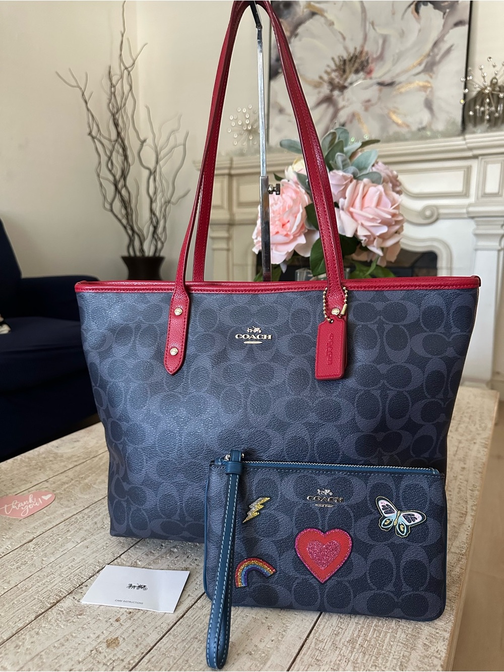 RARE Coach Navy Signature City Tote with Red Trim & Navy Wristlet Patch Set HTF